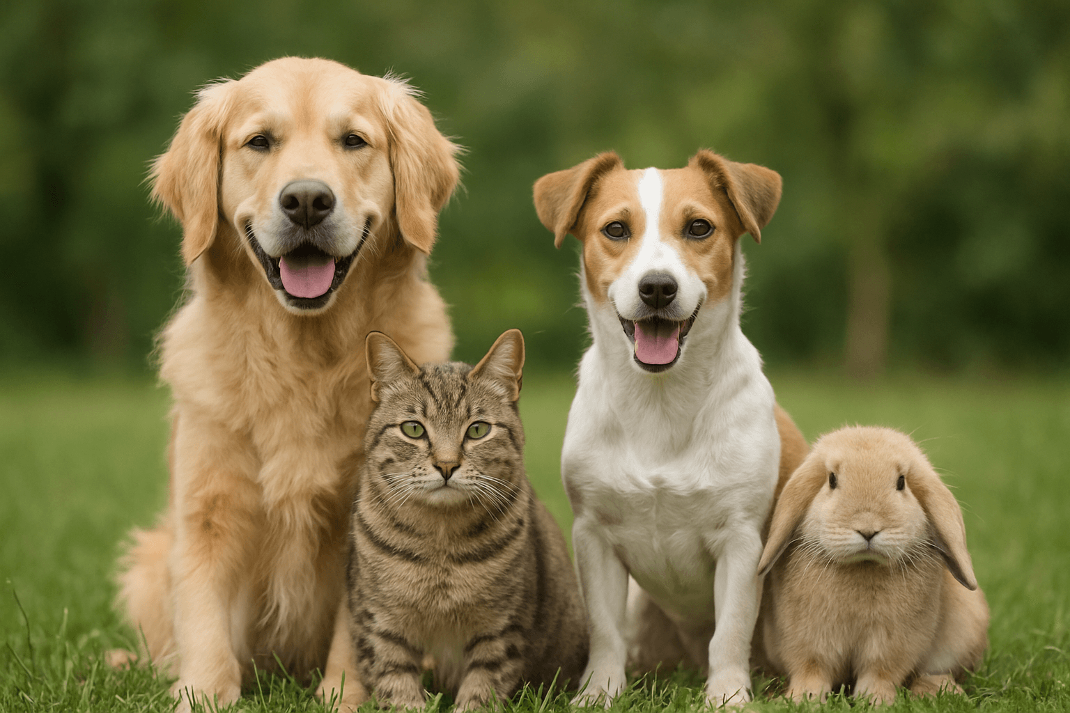 Happy pets: dogs, cat and rabbit