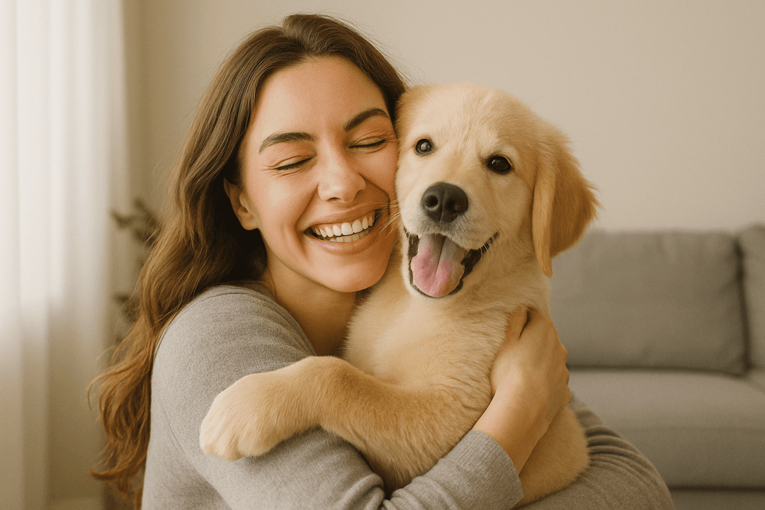 Happy puppy and woman